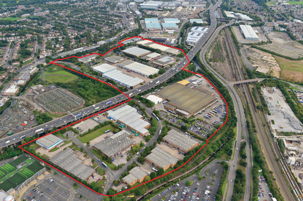 Aerial of warehouse units to let Gravelly Industrial Park